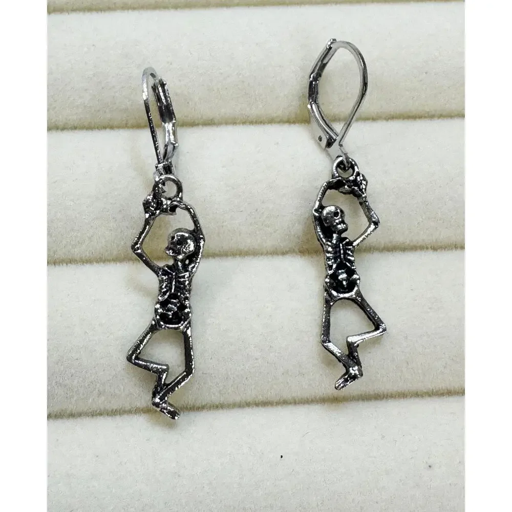 Halloween Skeleton Dangle Earrings Silver Tone Leverback Gothic Spooky 1.5